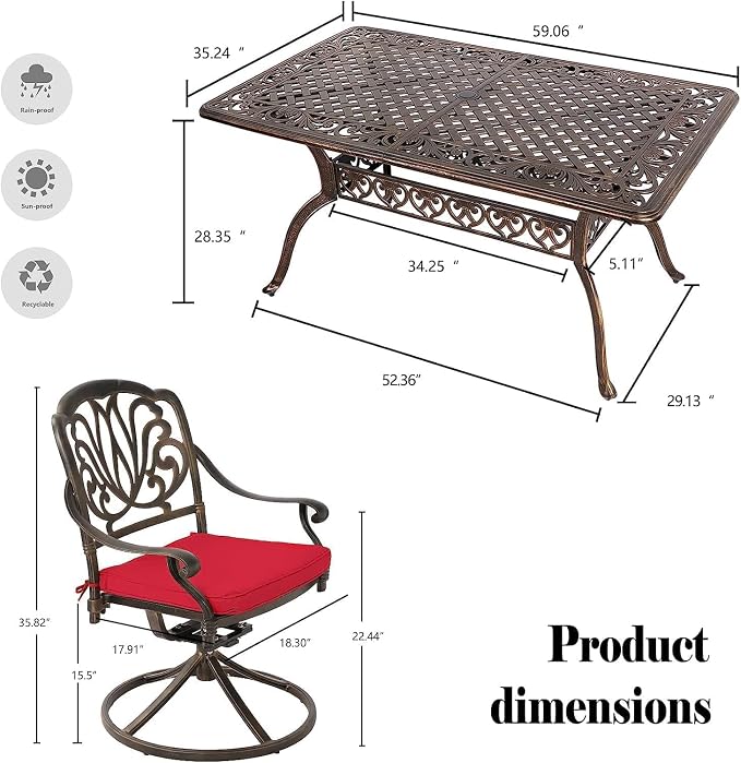 Grepatio 7 Piece Cast Aluminum Outdoor Dining Set, Patio Furniture Set with 2“ Umbrella Hole and 4 Chair & 2 Swivel Chairs with Cushions, Dining Furniture Set for Porch Poolside Garden (Red)