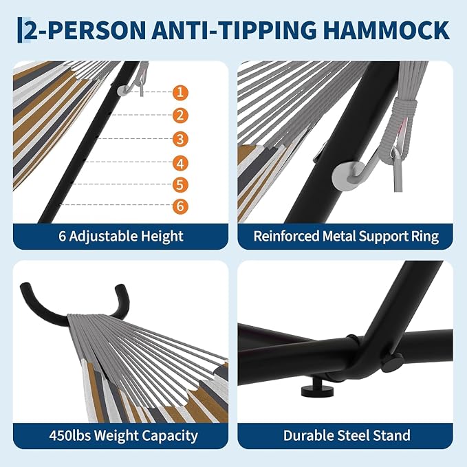 Double Hammock with Space-Saving Steel Stand - 2 Person Portable Heavy Duty Hammock with Carrying Bag for Outdoors & Indoors, Easy Assembly, 350 lbs Capacity, Brown Stripes