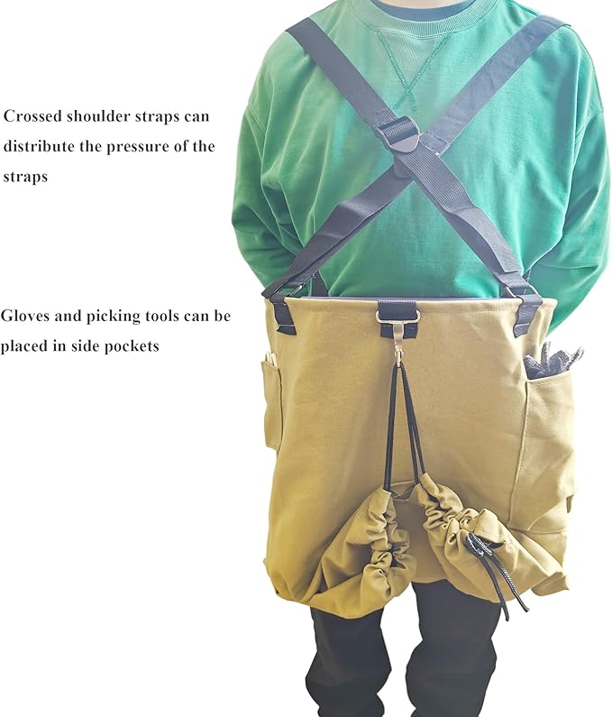 Large Adjustable Canvas Fruit Picking Bag for Orchard Farm Garden | Drop Bottom for Fast Unloading, Harvesting Apron with Open Pouch, Tool Storage Pockets, Drawstring for Flexible Capacity
