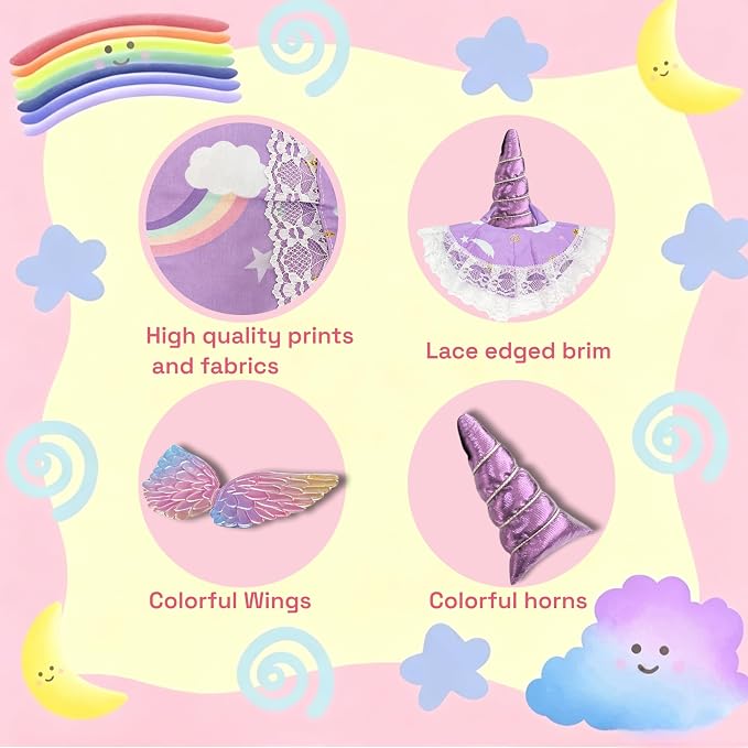 Purple Unicorn Porch Goose Outfits for 23 Inch Lawn Statue, Dress with Wings Hat Colorful Horn Set, Garden Party Birthday Outdoor Decoration, Costume for Plastic Cement Goose