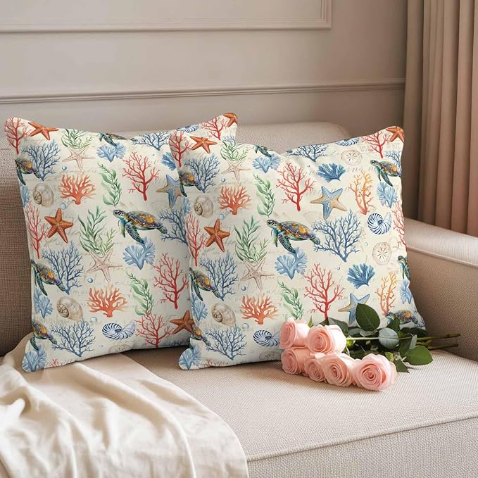 Summer Ocean Outdoor Waterproof Pillow Covers Pack of 2, Vintage Nautical Sea Turtles Shells Corals Starfish Decorative Throw Pillowcases Cushion Covers for Garden Patio Tent Sofa Couch, 16x16 inch
