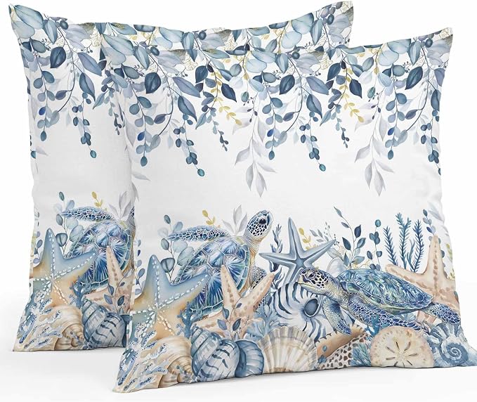Pack of 2 Blue Turtle Coastal Outdoor Pillow Covers Decorative, Beach Coral Starfish Waterproof Pillow Protector, Nautical Sea Eucalyptus Throw Pillowcases Cushion Cases for Patio Couch Sofa 26"x26"