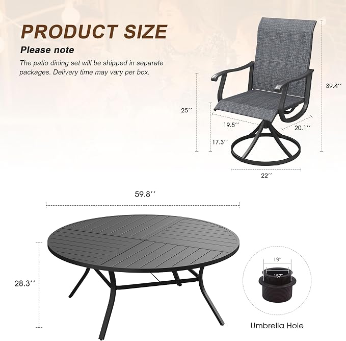 VICLLAX Patio 9 Pieces Outdoor Dining Set, 60" Round Metal Table with Umbrella Hole and 8 Swivel Textilene Chairs for Lawn, Garden, Porch, Black/Dark Grey
