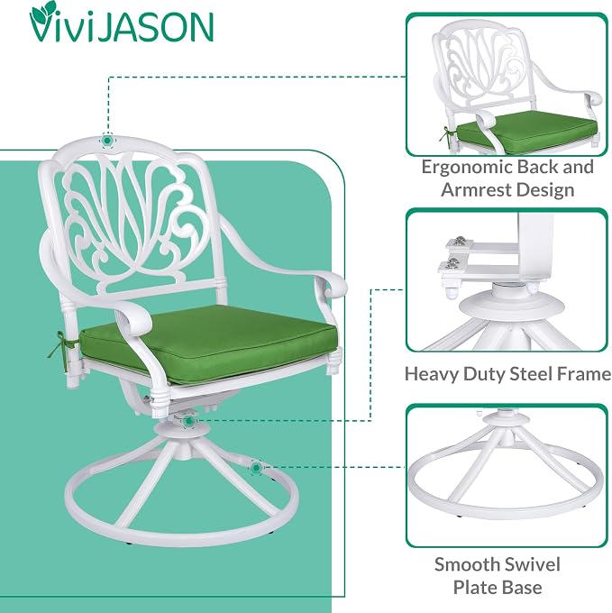 VIVIJASON 9-Piece Outdoor Furniture Dining Set, All-Weather Cast Aluminum Patio Conversation Set Include 6 Stationary Chairs, 2 Swivel Dining Chairs, Oval Table with Umbrella Hole(White/Green Cushion