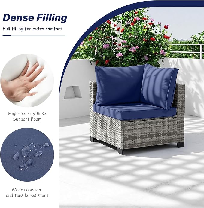 5-Piece Outdoor Patio Furniture Set, Gray PE Rattan Sectional Sofa with Navy Blue Cushions and Steel Frame, Coffee Table Included, Modular Outdoor Conversation Set for Patio Garden Poolside