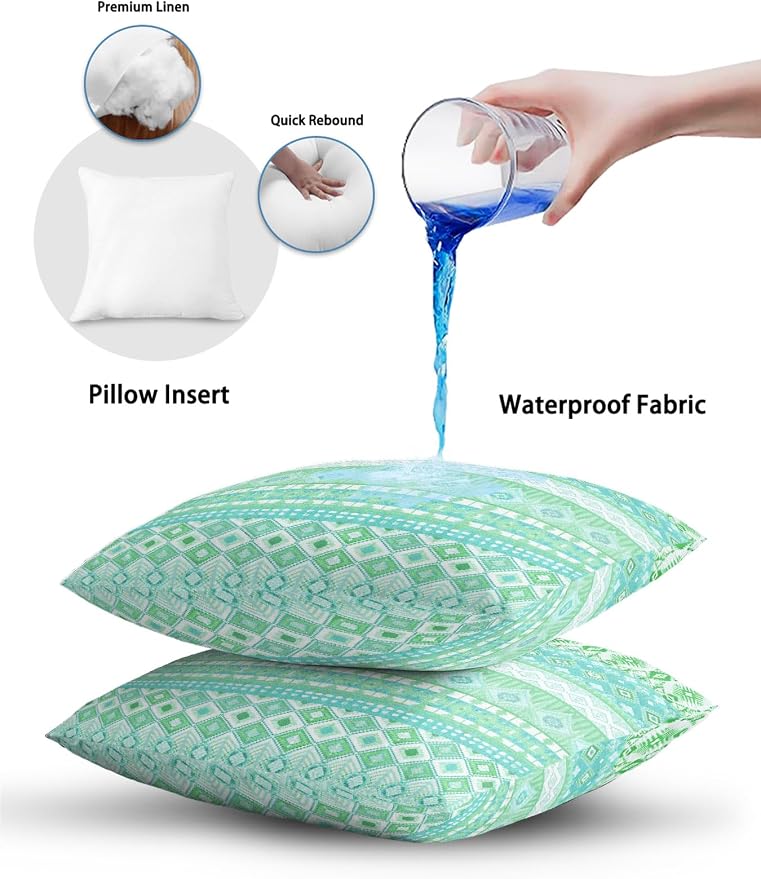 Waterproof Outdoor Pillow Set of 2 Teal Green Bohemian Decorative Throw Pillows Cover & Insert 16x16 Inch Pillowcase Boho Style Floral Leaves Geometric Pillows for Couch Sofa Bed Patio Furniture