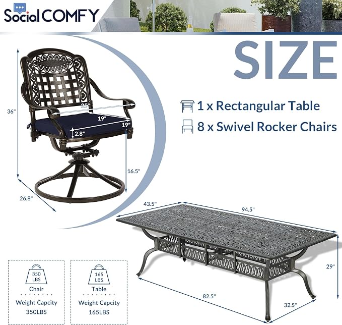9-Piece Patio Cast Aluminum Dining Set, Outdoor Table and Chairs Set for 8, Includes 94.5" Rectangular Dining Table and 8 Swivel Rocker Chairs with Umbrella Hole for Lawn Garden, Navy Blue