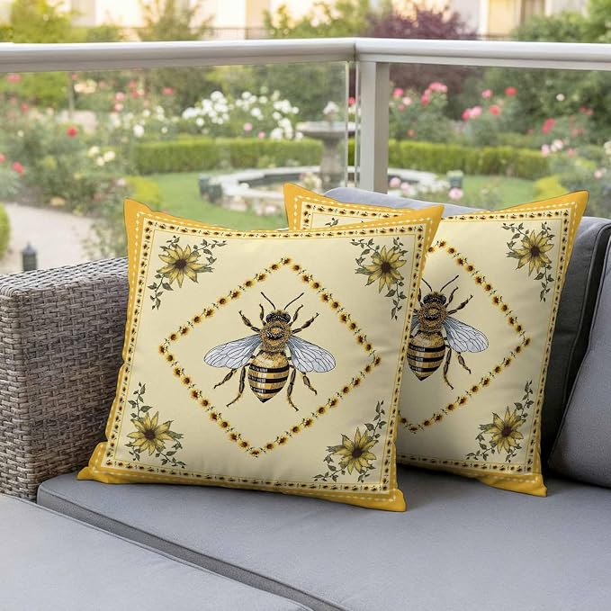 Sunflowers and Bee Outdoor Pillow Covers Set of 2, Farmhouse Retro Floral Decorative Waterproof Throw Pillow Case, Animal Honeybee Cushion Pillowcases for Couch Garden Patio 16x16In
