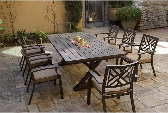 Darlee Brooklyn 9 Pc Aluminum Dining Set w/ 86 X 44 Inch Table in Multi Brown/Sesame
