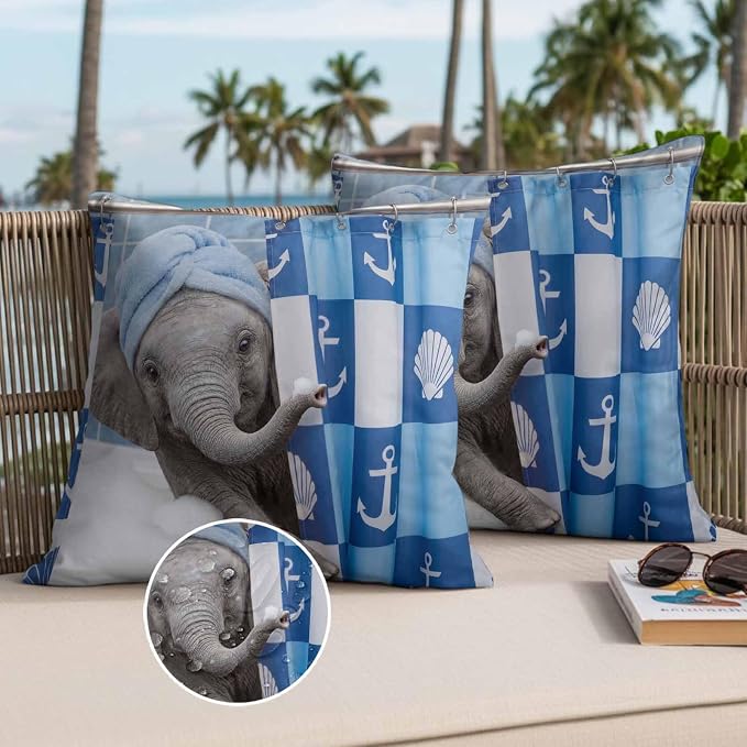 Bathing Elephant Waterproof Outdoor Pillow Covers Set of 2 Home Decor, Funny Animal Showering Pillowcase Patio Pillow Covers for Couch Bench Patio Furniture Garden 18x18in