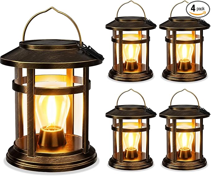 Solar Lantern Outdoor Waterproof, 4 Pack Bright Hanging Solar Lights for Outside Decorative, Upgraded Solar Powered Lanterns LED Lighting for Garden Patio Porch Decor Gifts (Antique Copper)