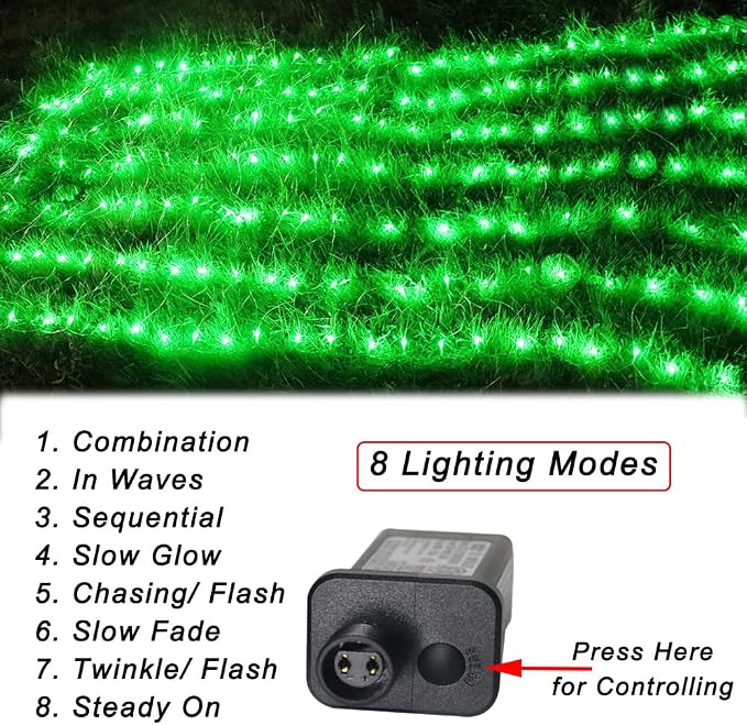 14.8x4.9 ft Net Lights, 300 LED Outdoor Green Halloween Lights with 8 Lighting Modes, Connectable Waterproof Mesh String Fairy Light for Bushes Tree Garden Christmas Decor | 300 LED Large Net Mesh Lights Plug in, 8 Modes Waterproof Connectable Bushes L...