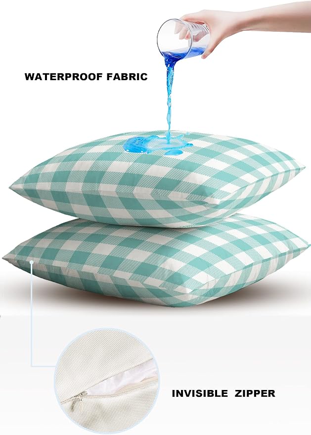 Outdoor Waterproof Throw Pillow Covers Set of 2 Teal Green White Check Plaid Pillowcases 20x20 Inches Farmhouse Style Patio Decorative Pillows Cushion Case Patio Pillows for Couch Bed Chair Garden