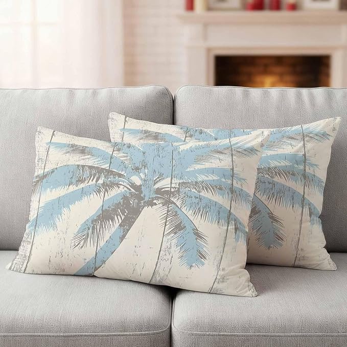Palm Trees Outdoor Waterproof Throw Pillow Covers Set of 2, 20"x12", Light Blue Vintage Wood Grain Decorative Pillow Covers Outside Cushion Case for Patio Porch Garden