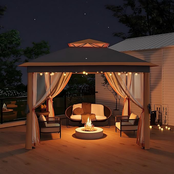 Garvee 11x11FT Pop Up Gazebo with Mosquito Netting, Outdoor Canopy Tent Easy Setup for Backyard Patio Garden Deck, Khaki