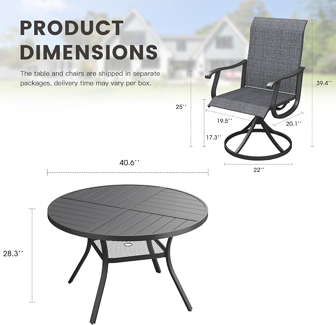 Outdoor Dining Set for 4, 40.7" Metal Round Outdoor Dining Table with Umbrella Hole and Sling Patio Swivel Chairs, 5 Pieces Patio Table and Chairs Set for Garden Backyard, Charcoal and Black
