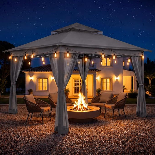 LAUSAINT HOME 12x12 Pop Up Gazebo with 50FT String Lights, Mosquito Netting, Instant One-Push Setup, Adjustable Height Outdoor Canopy Tent Shelter with Carry Bag for Patio, Backyard, Camping, Gray