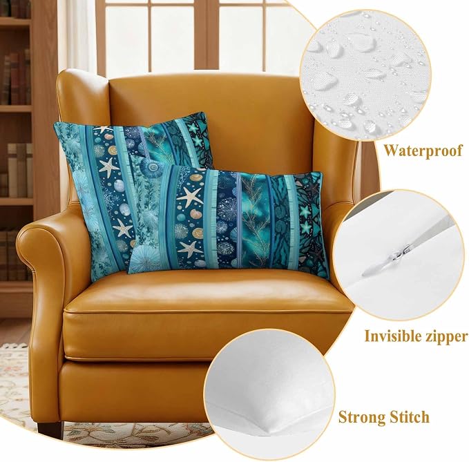 Turquoise Ocean Outdoor Waterproof Throw Pillow Covers Set of 2, 20"x12", Blue Stripes Starfish Coral Seaweed Luxury Decorative Pillow Covers Outside Cushion Case for Patio Porch Garden