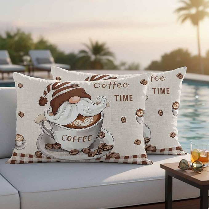 Coffee Gnomes Outdoor Pillow Covers 20x12 Inch Lumbar Pillow Covers Set of 2 Waterproof Decorative Throw Pillow Cases Brown Buffalo Plaid Check Farmhouse Cushion Covers for Patio Furniture Garden
