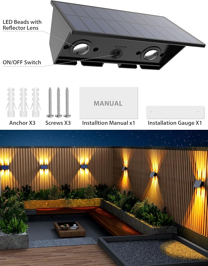 Solar Fence Lights,16Pack Solar Lights Outdoor Warm White Up & Down Solar Wall Lights Waterproof 100 Lumens Dusk to Dawn Solar Powered Fence Light for Outside /Backyard/Pool/Railing/Patio/Porch/Step
