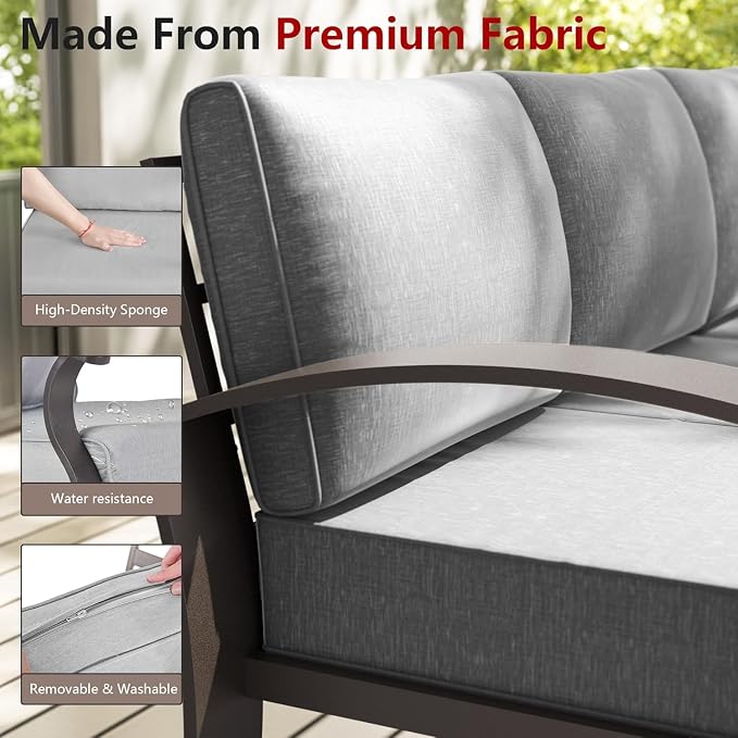 Patio Furniture Set 3-Piece Aluminum Armrest Sofa, All-Weather Patio Conversation Set with Tempered Glass Top Table & Removable Sponge Cushions for Backyard Poolside - Grey