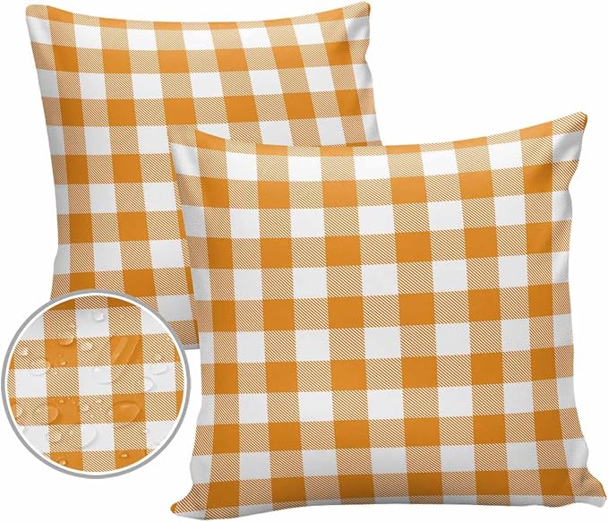 Outdoor Waterproof Throw Pillow Covers Set of 2 Orange Buffalo Check Plaid Pillowcases 24x24 Inches Farmhouse Style Patio Decorative Pillows Cushion Case Patio Pillows for Couch Bed Chair Garden