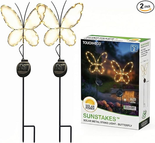 Touch Of ECO 2 Pack Warm White Butterfly Outdoor Solar Powered LED Decorative Garden Stake Light - Butterfly Design - Great Decor for Yard, Patio, Lawn, Planter, Makes a Great Gift