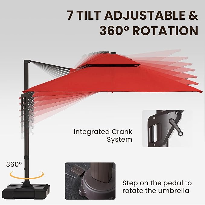 9 X 12 FT Cantilever Patio Umbrella with Led Lights and Base Included Outdoor Heavy Duty Double Top Rectangle Offset Umbrellas with 360-degree Rotation for Pool Deck Backyard, Wine Red