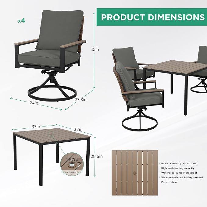 5-Piece Patio Dining Set, 4 Swivel Chairs with Removable Thickened Cushions & Square Table with Umbrella Hole, All-Weather Furniture for Backyard, Garden & Lawn, Grey