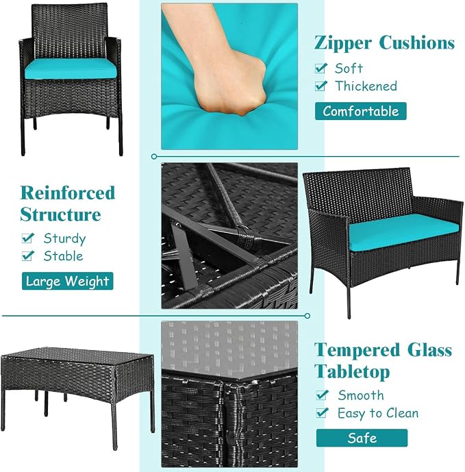 DORTALA Wicker Patio Furniture Set 8 Piece, Rattan Outdoor Table and Chairs Set with Loveseat, Cushions, All Weather Balcony Conversation Sofa Set for Porch, Backyard, Deck, Turquoise