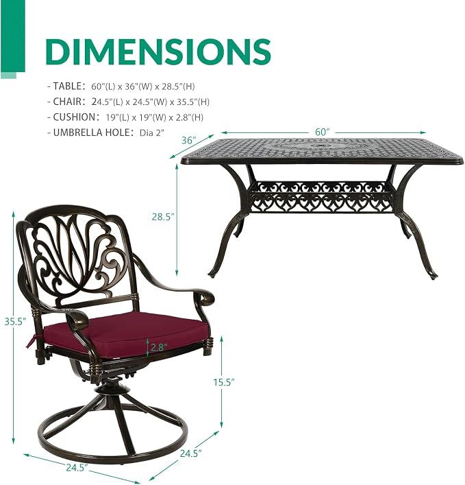 VIVIJASON 7-Piece Outdoor Furniture Dining Set, All-Weather Cast Aluminum Conversation Set Includes 6 Swivel Dining Chairs and a Rectangle Table with Umbrella Hole for Patio Garden Deck, Red Cushion