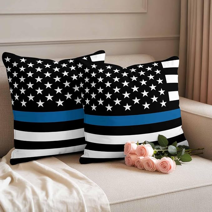 Blue Outdoor Waterproof Throw Pillow Covers Set of 2, 16"x16", Line Flag American Police Flag Honoring Law Enforcement Officers Decorative Pillow Covers Outside Cushion Case for Patio Porch Garden