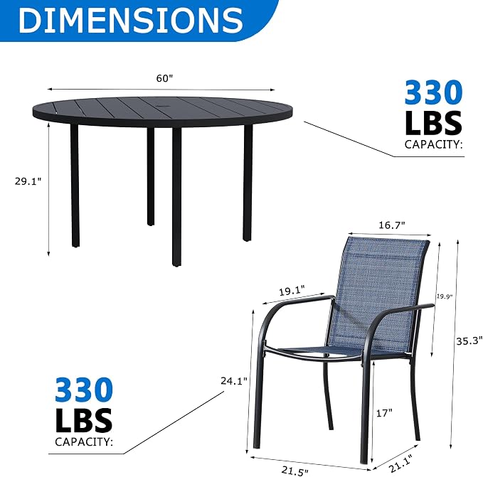 9-Piece Patio Furniture Set, Black Round Patio Table and Light Blue Chairs Set of 8, Outdoor Dining Set with Umbrella Hole for Garden, Yard, Patio
