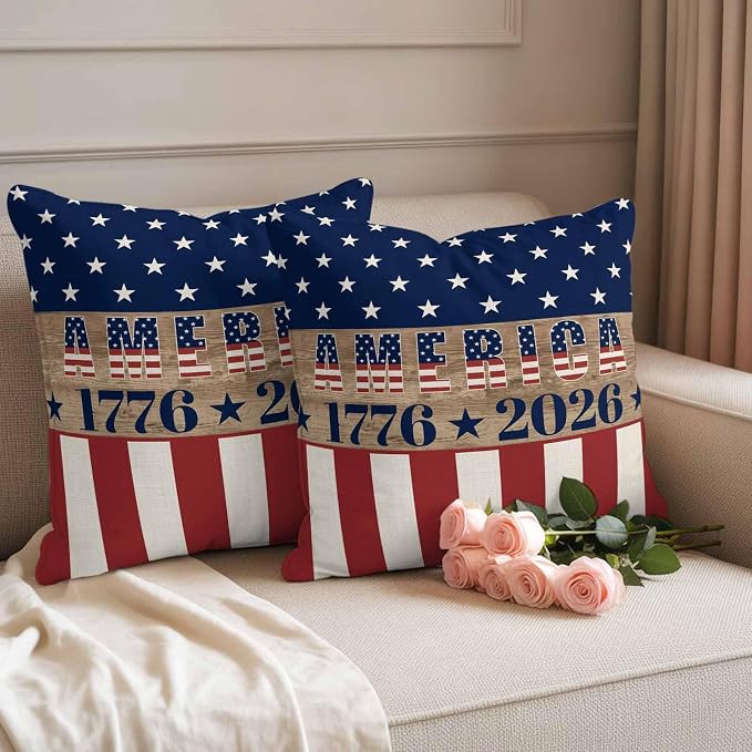 250th Anniversary Outdoor Pillow Covers 16"x16" Set of 2, Waterproof Throw Pillow Covers for Patio Furniture, USA Flag Red Striped Blue Star Retro Decorative Cushion Covers for Porch