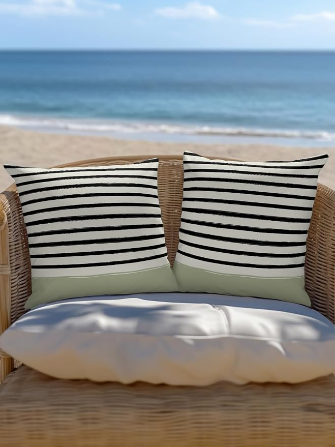 Waterproof Outdoor Pillow 1 Pack Black Stripes Decorative Throw Pillows Cover & Insert 16x16 Inch Pillowcase Striped Lines Sage Green Square Pillows for Couch Sofa Bed Patio Furniture Indoor Outdoor