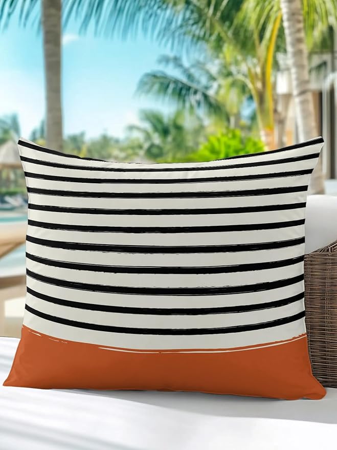 Waterproof Outdoor Pillow 1 Pack Black Stripes Decorative Throw Pillows Cover & Insert 16x16 Inch Pillowcase Striped Lines Orange Square Pillows for Couch Sofa Bed Patio Furniture Indoor Outdoor
