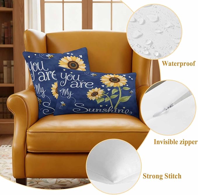 Outdoor Pillow Covers You are My Sunshine Words Decorative Throw Pillow Covers, Farm Sunflowers Bee on Blue Throw Cushion Case with Zipper for Patio,Couch,Sofa,Garden 16x16in Set of 2
