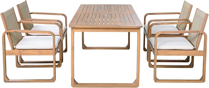 Christopher Knight Home Trazy Acacia Wood Outdoor Dining Set for 4, Patio Dining Table Set for 4, Outdoor Dining Table and Sled Base, Dining Chairs with Cushion + Rope Backrest, Teak + Brown + Beige