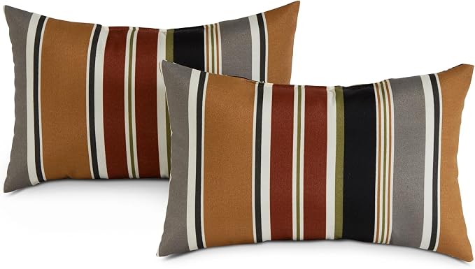 Set of 2 Outdoor Throw Pillows 19 x 12 Inch – Reversible Rectangle Patio Accent Pillows – Weather-Resistant Polyester Fabric – Eco-Friendly Recycled Polyfiber Fill – Brick Stripe