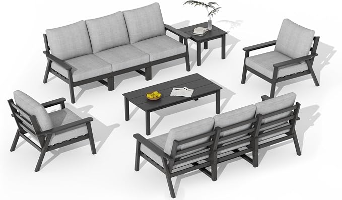 LOUNZY HDPE Patio Furniture Set, 10 Pieces Sectional Outdoor Furniture Set, All Weather Outdoor Couch Set Patio Conversation Set for Deck, Lawn, Black