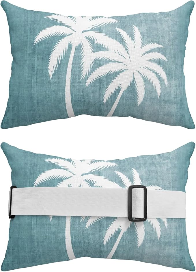 Palm Trees Grey Blue Outdoor Pillows for Chaise Lounge Chair Waterproof Lumbar Pillows with Insert&Adjustable Strap Beach Headrest Pillow Summer Coastal Vintage Tropical Recliner Pool Pillow 12"x20"