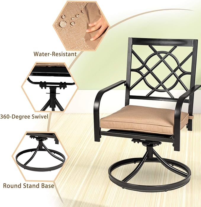 Crownland 5 Piece Patio Dining Set, 4 Swivel Metal Chairs and Square Outdoor Dining Table with 1.57" Umbrella Hole (Metal Tabletop)