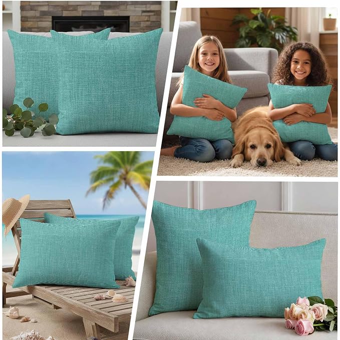 Outdoor Waterproof Throw Pillow Covers Set of 2 Turquoise Linen Pillowcases 18x18 Inches Farmhouse Pure Color Decorative Pillows Cushion Case Patio Pillows for Couch Bed Chair Garden