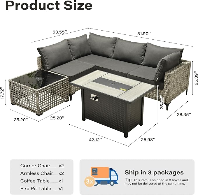 6 Pieces Patio Furniture Set with 42" Fire Pit, All-Weather Rattan Outdoor Sectional Conversation Sets L Shaped Sofas with Solar Light Coffee Table for Porch Balcony Backyard Black
