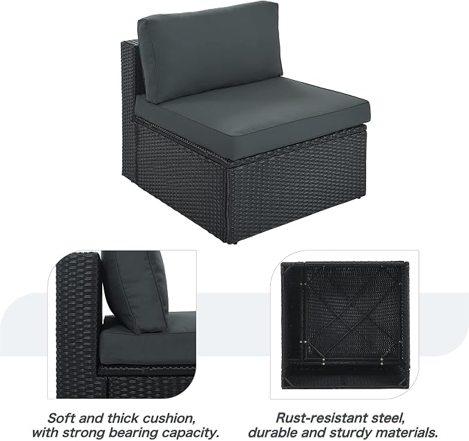 Outdoor PE Rattan Wicker Sectional Sofa Set,All Weather Conversation Lounger Set with Striped Green Pillows and Cushions, Multifunctional Combination Adapt to Any Space Gray-7-piece
