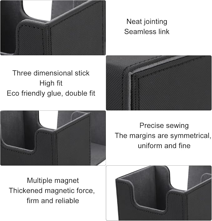 Qiilu Magnetic Closure Card Deck Box with Magnetic Flap Lid, Large Capacity PU Leather Storage Box/Cover for Game and Tarot Cards, Strong Magnet Closure Cases (Black)