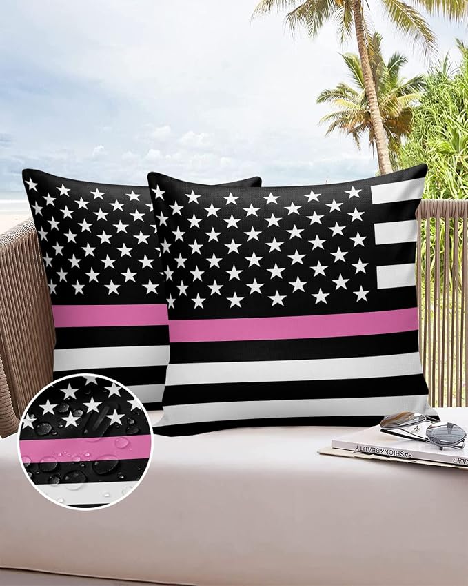 Outdoor Waterproof Pillow Covers Set of 2, Thin Pink Line Breast Cancer Awareness Women USA American Flag Patio Throw Pillow Covers, Decorative Cushion Case for Couch Sofa Furniture Garden, 20x20 Inch