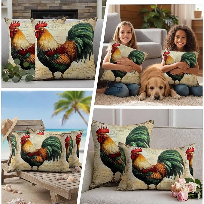Vintage Rooster Waterproof Outdoor Pillow Covers Set of 2 Home Decor, Retro Farmhouse Country Animal Pillowcase Patio Pillow Covers for Couch Bench Furniture Garden 16x16in
