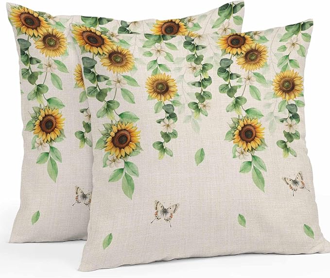 Sunflowers Butterfly Waterproof Outdoor Pillow Covers Set of 2 Home Decor, Spring Floral Pastoral Rustic Pillowcase Patio Pillow Covers for Couch Bench Furniture Garden 20x20in