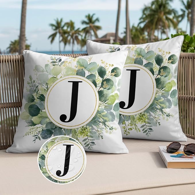 Letter J Waterproof Outdoor Pillow Covers Set of 2 Home Decor, Alphabet Green Eucalyptus Leaves Pillowcase Patio Pillow Covers for Couch Bench Patio Furniture Garden 26x26in